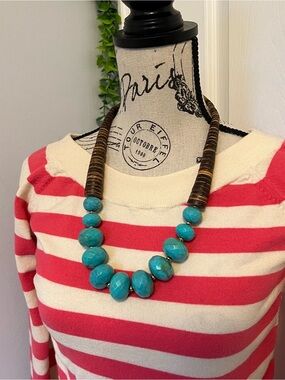 Turquoise Beaded Statement Necklace with Brown Accents